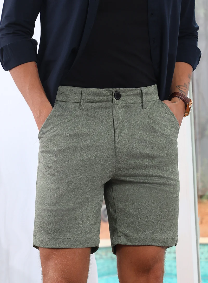 كامبوس سوترا Men's Olive Green Tailored Heathered Shorts For Casual Wear | Mid-Rise | 4 Pockets | Button Closure | Shorts Crafted With Comfort Fit For Everyday Wear